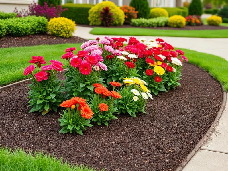 Colorful flower beds with fresh mulch and manicured borders