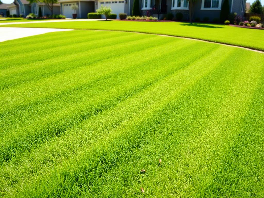 Freshly mowed lawn with crisp striping at golden hour